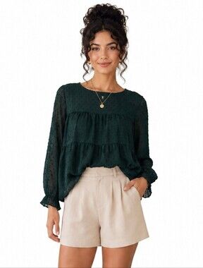 PrettyGarden Hunter Green Swiss Dot Tiered Long Sleeve Blouse Size Small